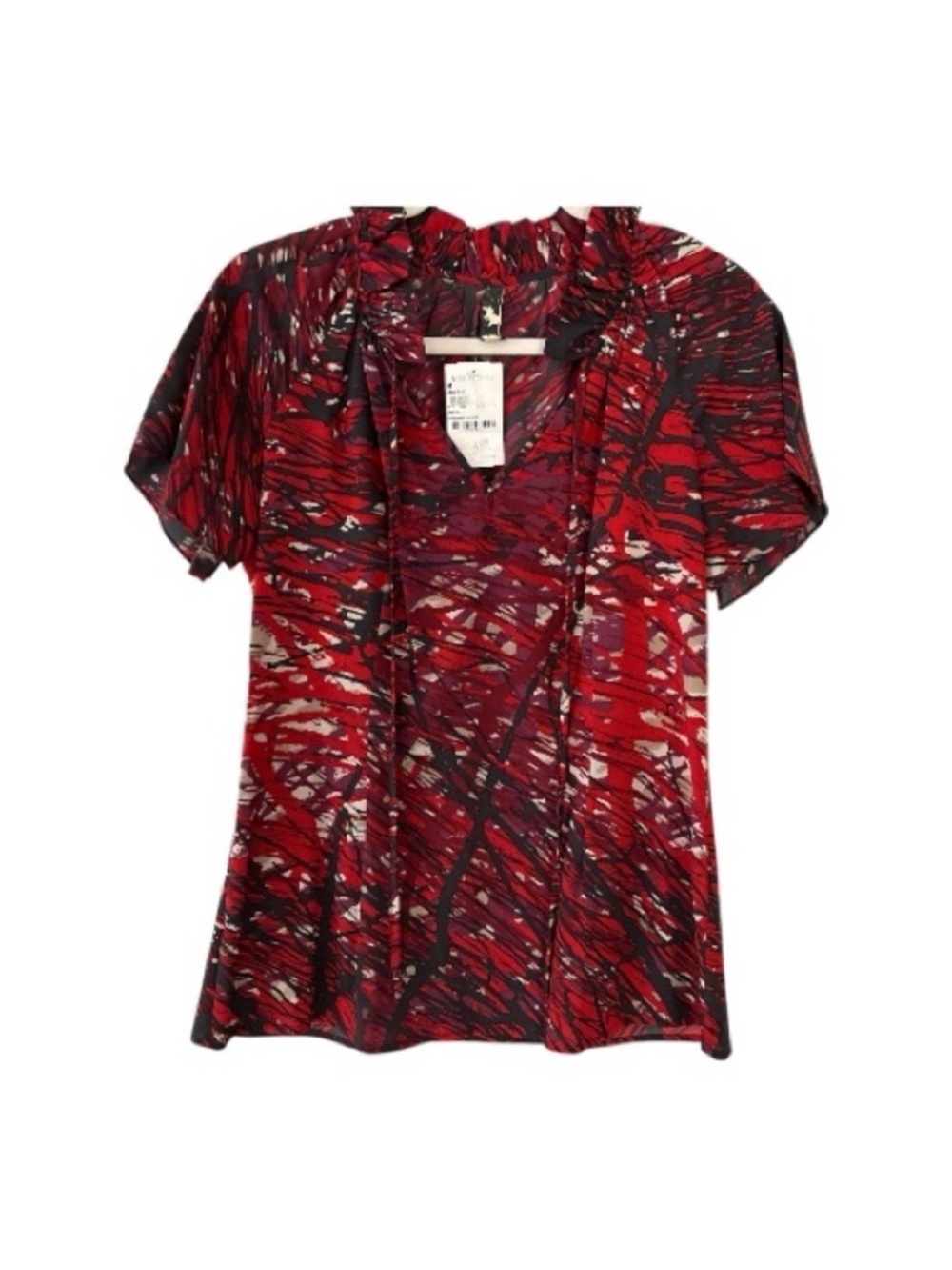 Mia Via Silk Red Abstract Print Short-Sleeve Women's Top NWT RETAILS $148